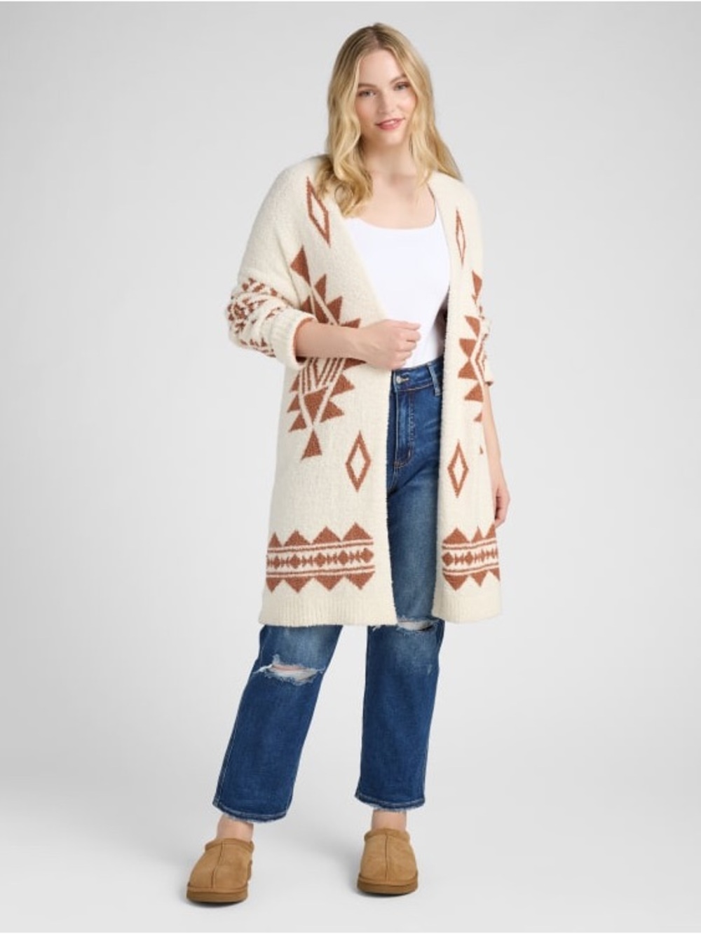 Cream Open-Front Geometric Knit Cardigan Sweater